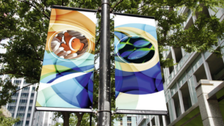 Two vibrant banners hang on a street pole, featuring abstract ocean themes. One has a clownfish, and the other shows a jellyfish. Modern buildings and trees surround them.