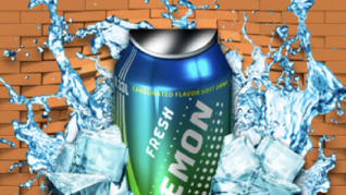 A blue and green soda can labeled "Fresh Lemon" bursts through a brick wall, surrounded by splashing water and ice cubes, conveying a refreshing feel.
