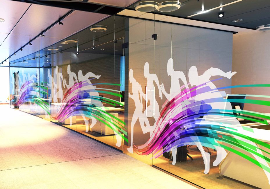 colorful conference room window graphics