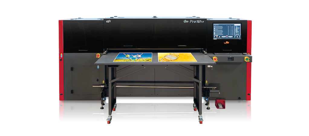 EFI Pro 16h+ hybrid flatbed/roll-fed LED printer.