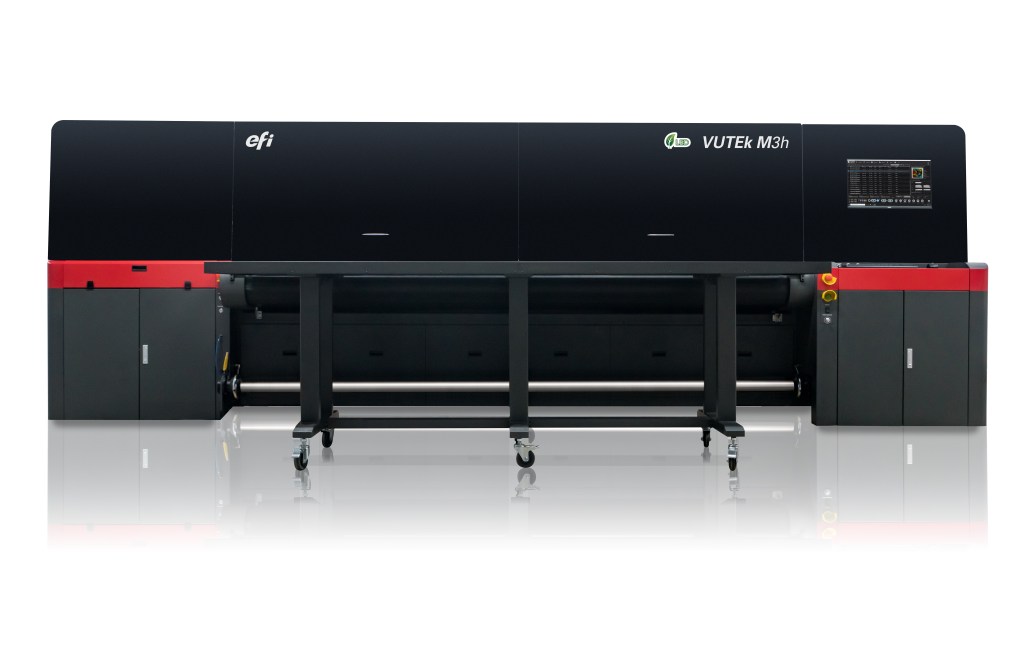 EFI VUTEk M3h superwide hybrid flatbed/roll-fed LED printer.